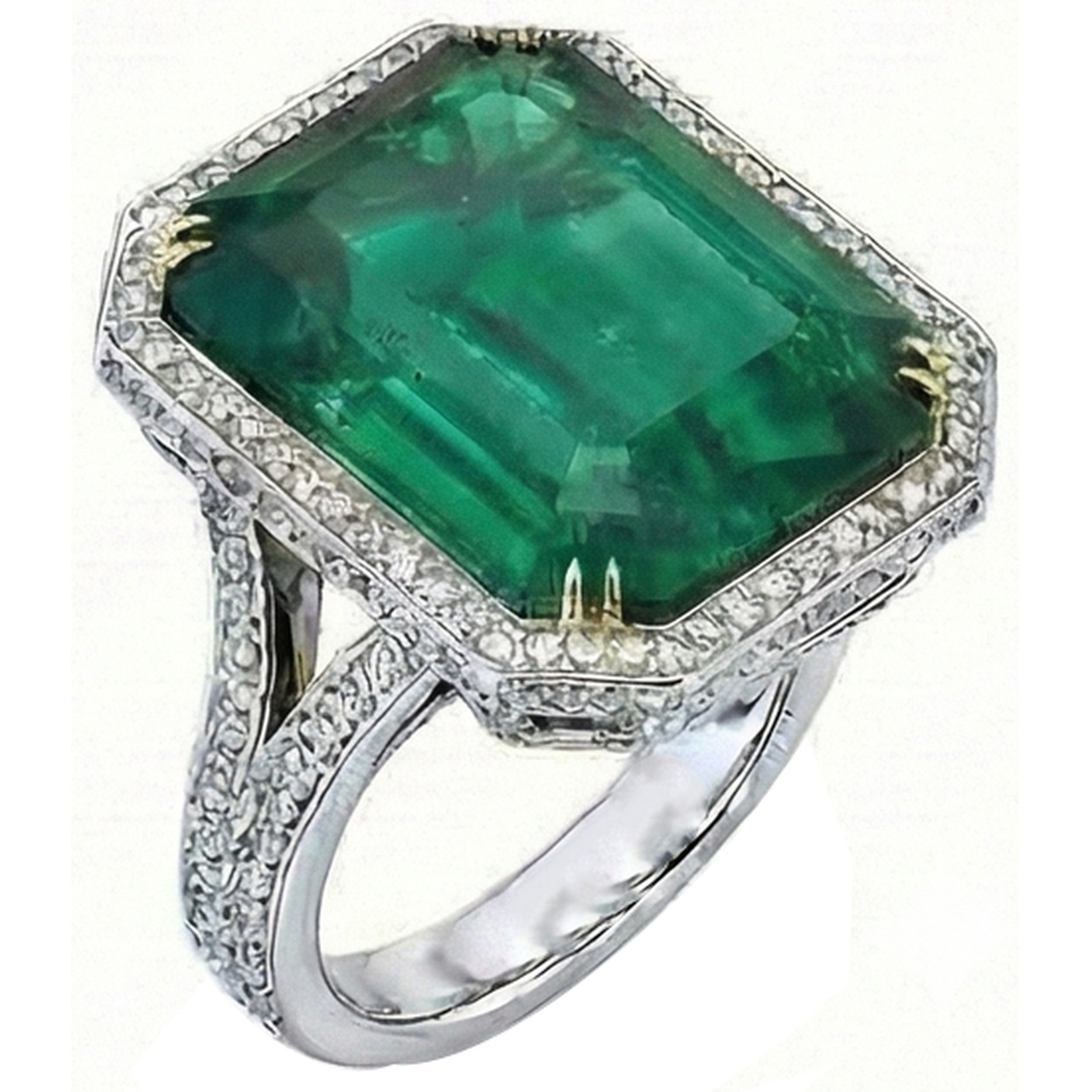 Big Emerald Cut Green Emerald & Natural Earth Mined Diamond Ring Solid Two Tone Gold 24.75 Ct