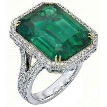 Big Emerald Cut Green Emerald & Natural Earth Mined Diamond Ring Solid Two Tone Gold 24.75 Ct