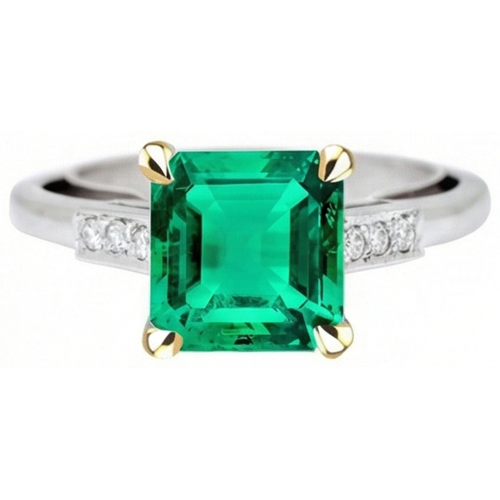 Step Cut Colombian Emerald ring in 14 Karat Two Tone Gold – front view