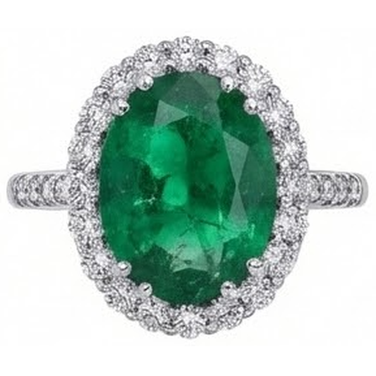 Big Green Emerald With Natural Earth Mined Diamonds 4.25 Carats Engagement Ring 14K White Gold