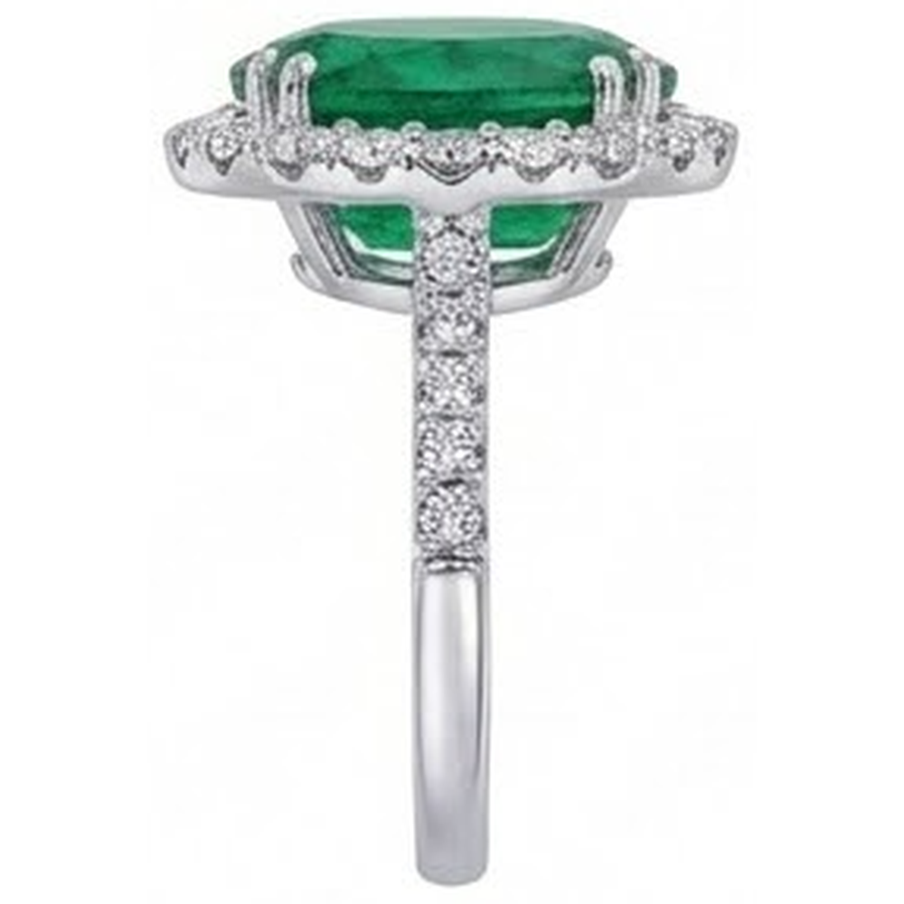 Big Green Emerald With Natural Earth Mined Diamonds 4.25 Carats Engagement Ring 14K White Gold