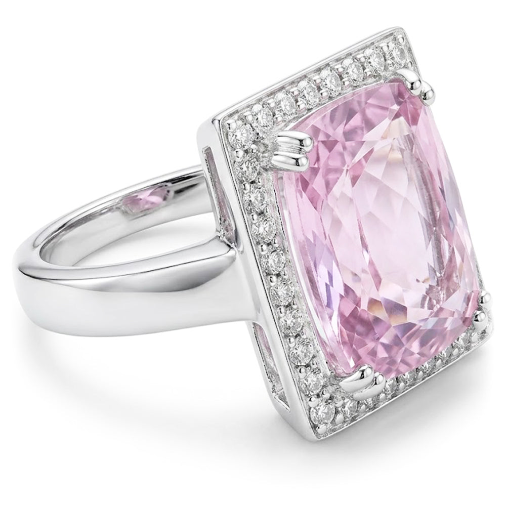 Big Kunzite With Natural Earth Mined Diamonds 25.50 Carats Ring 14K White Gold