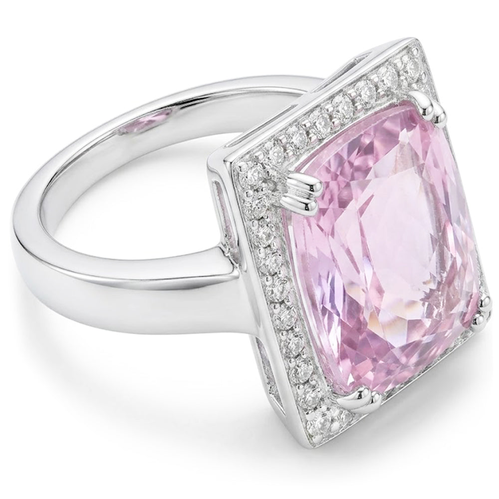 Big Kunzite With Natural Earth Mined Diamonds 25.50 Carats Ring 14K White Gold