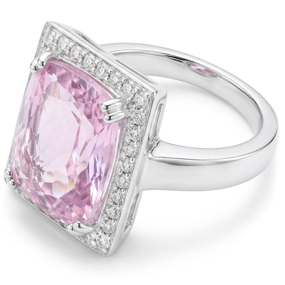 Big Kunzite With Natural Earth Mined Diamonds 25.50 Carats Ring 14K White Gold