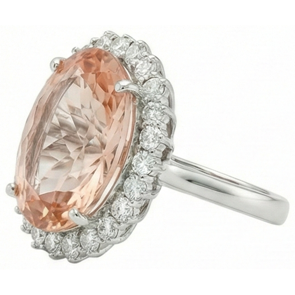 Big Morganite With Small Natural Earth Mined DIAMOND ( NOT LAB GROWN )s 18.50 Ct. Ring New White Gold 14K