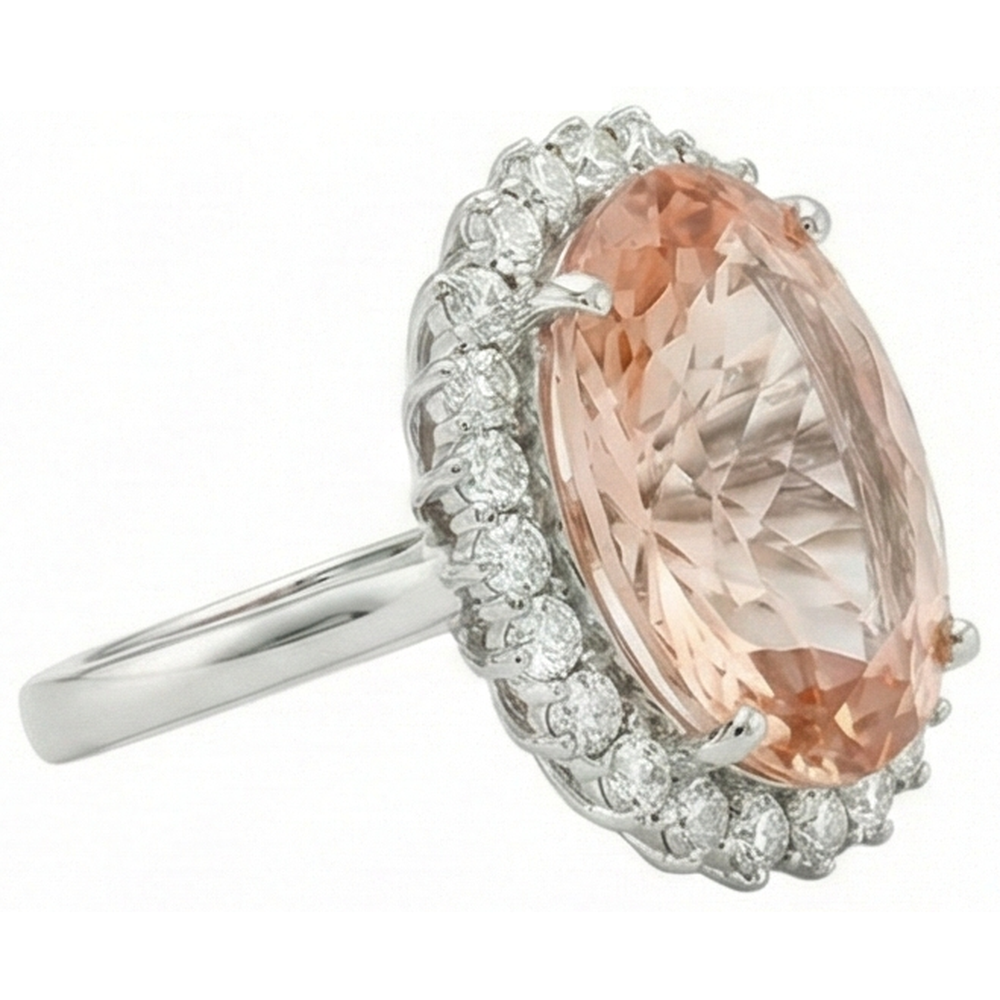 Big Morganite With Small Natural Earth Mined DIAMOND ( NOT LAB GROWN )s 18.50 Ct. Ring New White Gold 14K