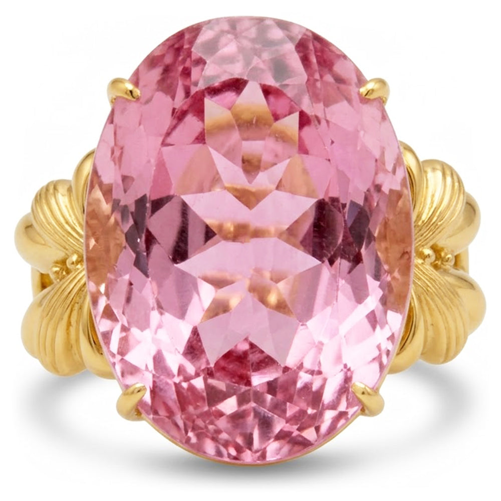 Big Oval Cut Pink Kunzite Gemstone Ring 30 Ct. Yellow Gold 14K