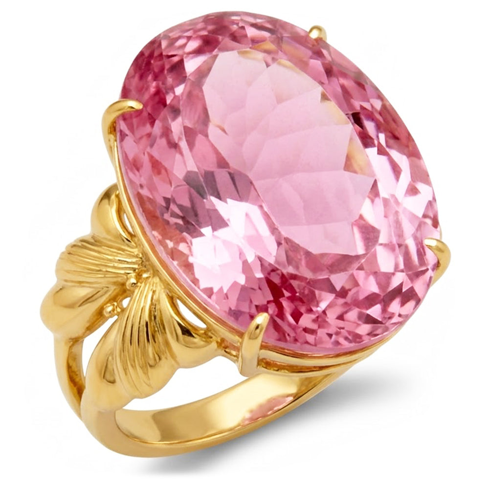 Big Oval Cut Pink Kunzite Gemstone Ring 30 Ct. Yellow Gold 14K