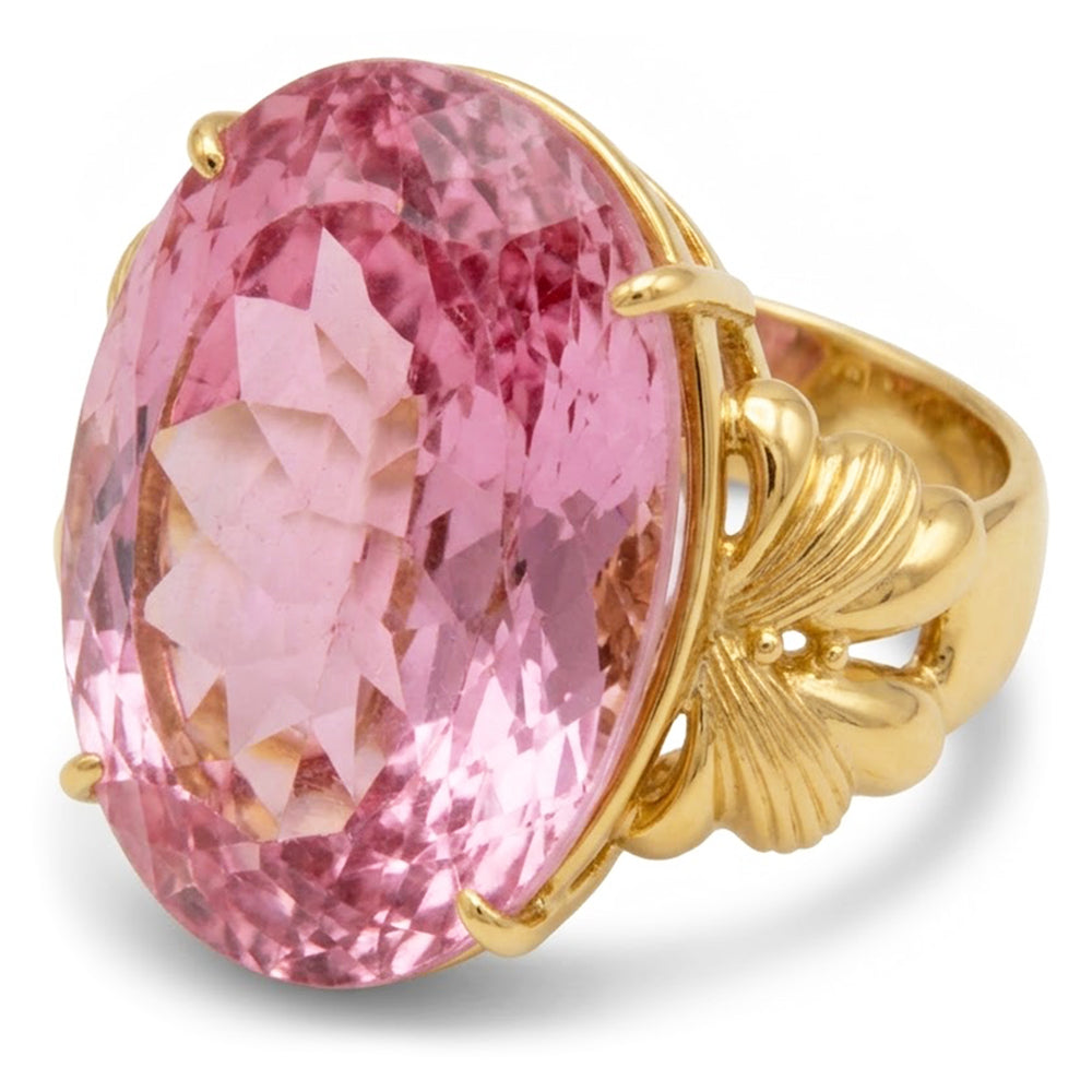 Big Oval Cut Pink Kunzite Gemstone Ring 30 Ct. Yellow Gold 14K
