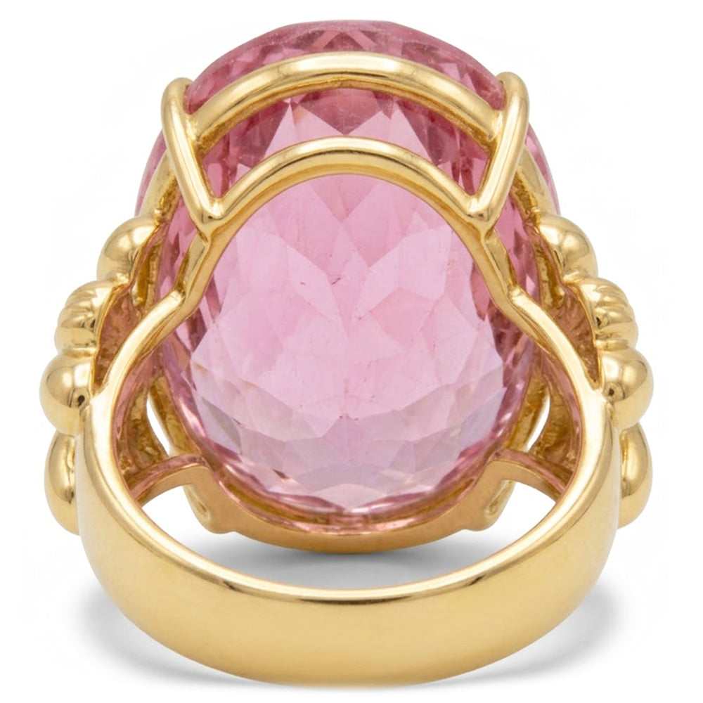 Big Oval Cut Pink Kunzite Gemstone Ring 30 Ct. Yellow Gold 14K