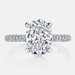 Big Oval Cut & Small Genuine Diamond 4 Carats Solitaire Ring White Gold 14K