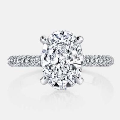Big Oval Cut & Small Genuine Diamond 4 Carats Solitaire Ring White Gold 14K