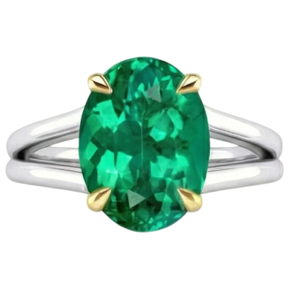 Fine Emerald Oval Precious Stone Ring in 14K Two Tone Gold – side view