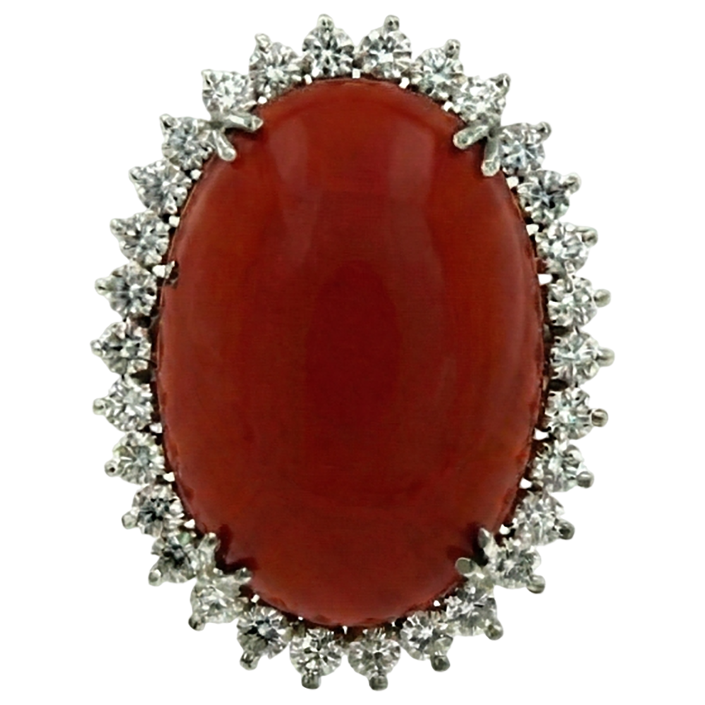 Big Oval Red Coral With Small Round Natural Earth Mined Diamonds 13 Ct Ring White Gold 14K