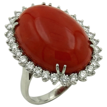 Big Oval Red Coral With Small Round Natural Earth Mined Diamonds 13 Ct Ring White Gold 14K