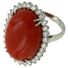 Big Oval Red Coral With Small Round Natural Earth Mined Diamonds 13 Ct Ring White Gold 14K