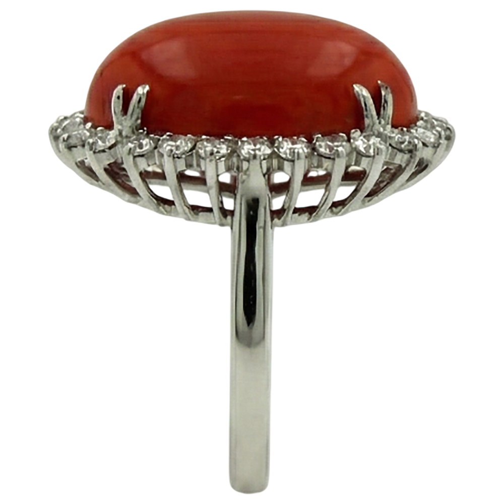 Big Oval Red Coral With Small Round Natural Earth Mined Diamonds 13 Ct Ring White Gold 14K
