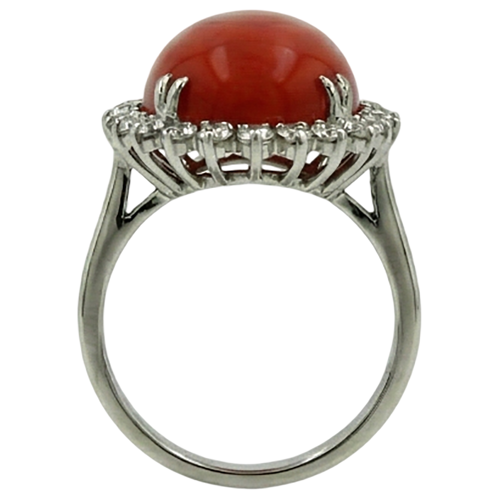 Big Oval Red Coral With Small Round Natural Earth Mined Diamonds 13 Ct Ring White Gold 14K