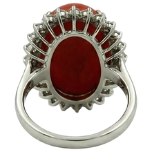 Big Oval Red Coral With Small Round Natural Earth Mined Diamonds 13 Ct Ring White Gold 14K