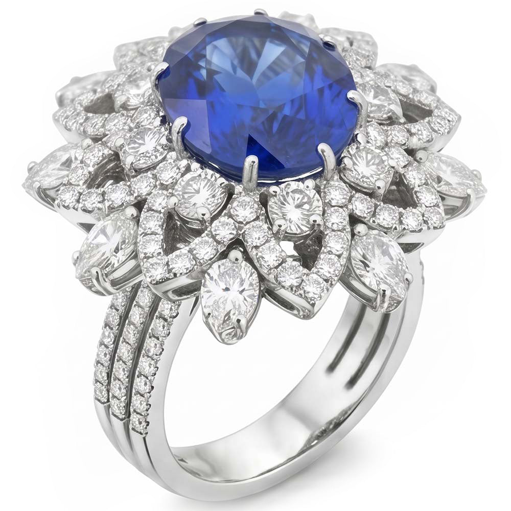 Big Oval Sapphire Natural Earth Mined Diamond Ring