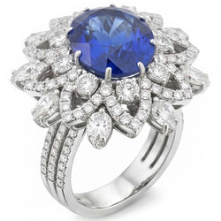 Big Oval Sapphire Natural Earth Mined Diamond Ring