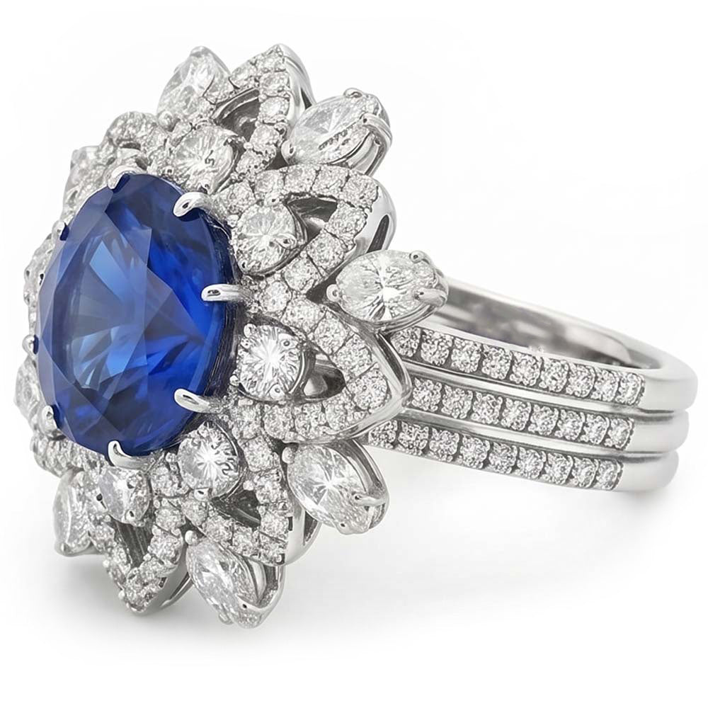 Big Oval Sapphire Natural Earth Mined Diamond Ring