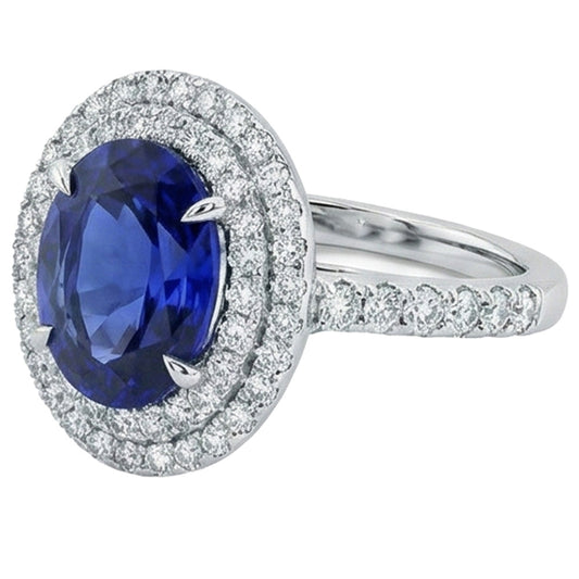 Big Oval Sri Lanka Blue Sapphire Natural Earth Mined Diamond Ring 4.55 Ct White Gold 14K