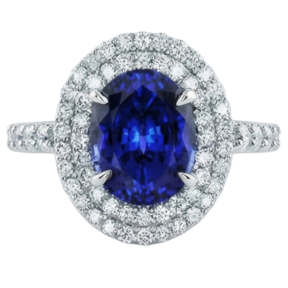 Big Oval Sri Lanka Blue Sapphire Natural Earth Mined Diamond Ring 4.55 Ct White Gold 14K