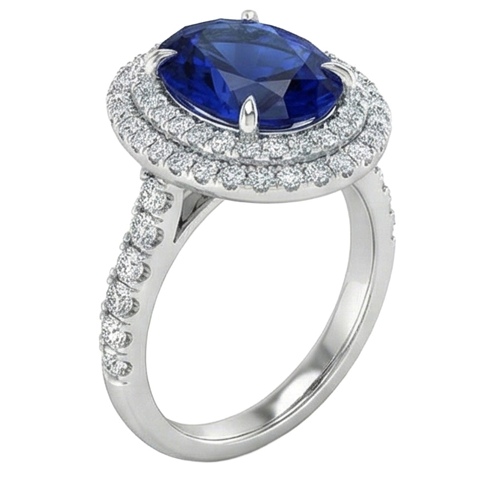 Big Oval Sri Lanka Blue Sapphire Natural Earth Mined Diamond Ring 4.55 Ct White Gold 14K