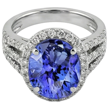 Big Oval Tanzanite With Small Round Natural Earth Mined Diamonds 6.70 Ct Ring Gold 14K