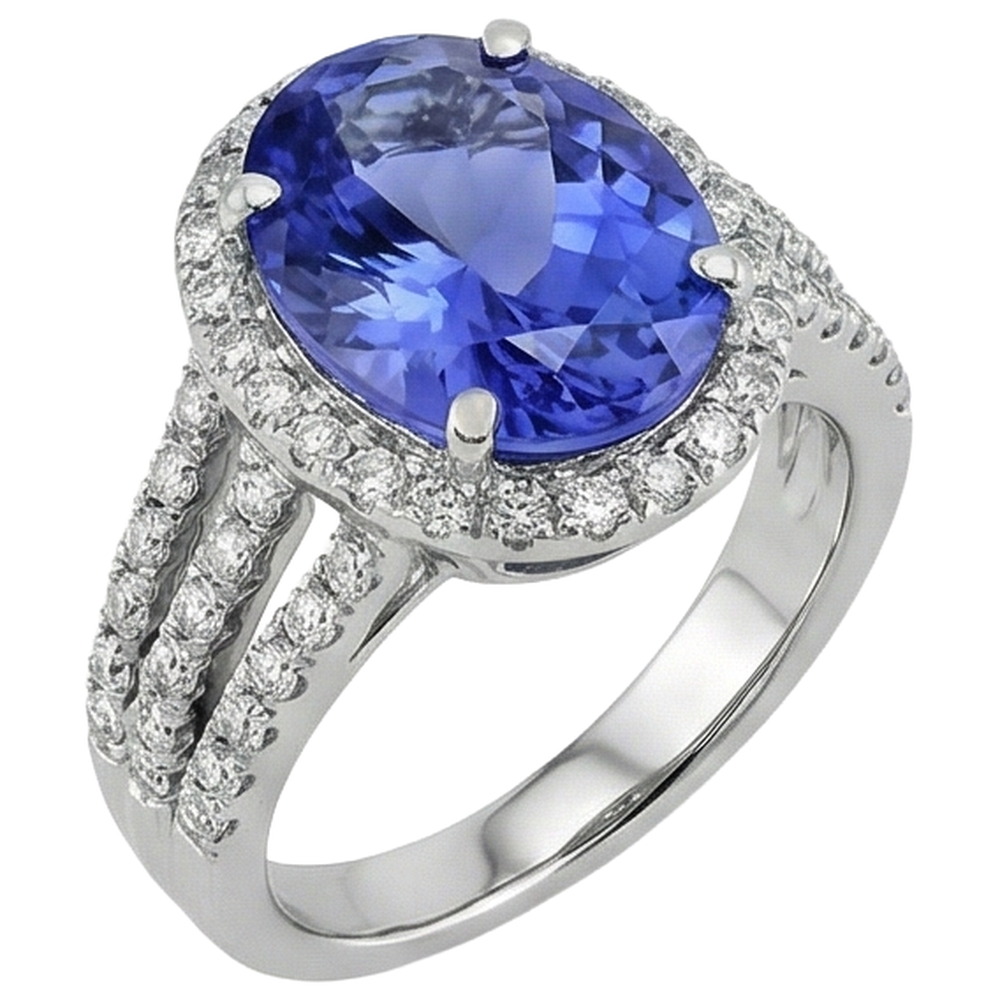 Big Oval Tanzanite With Small Round Natural Earth Mined Diamonds 6.70 Ct Ring Gold 14K