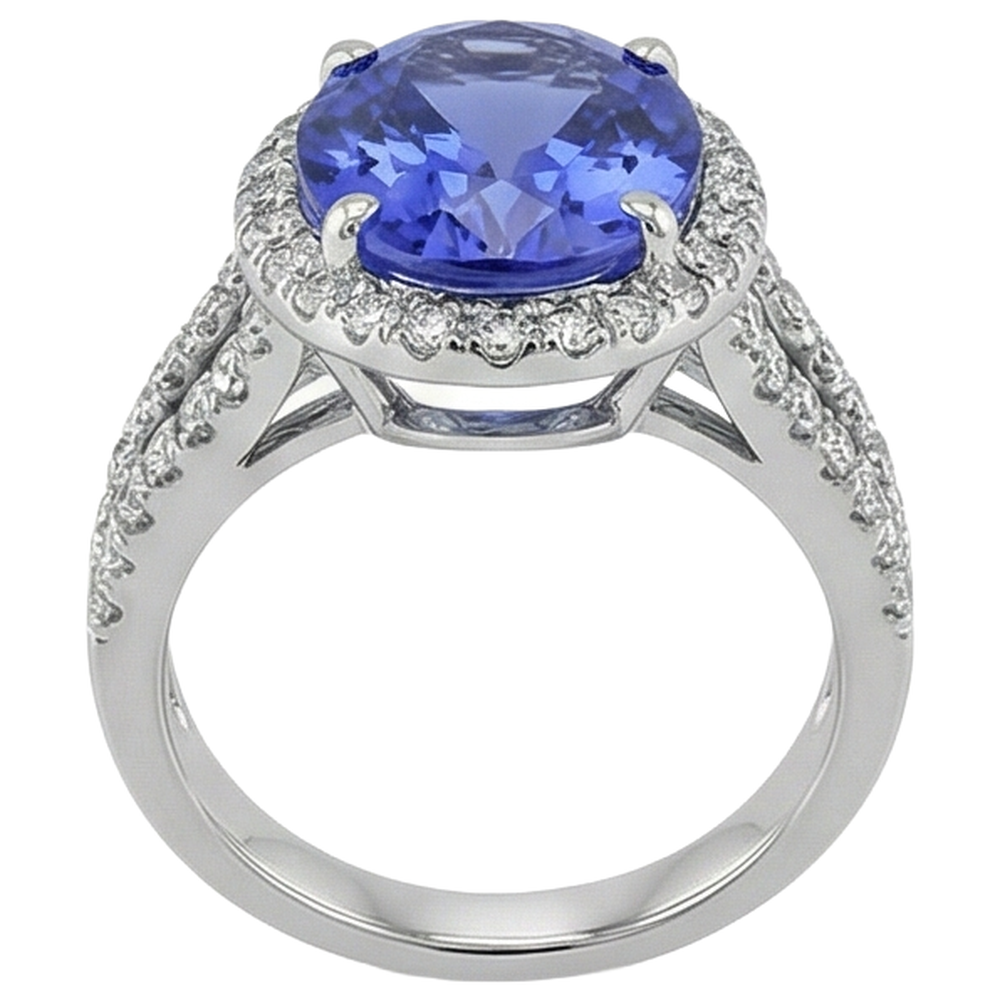 Big Oval Tanzanite With Small Round Natural Earth Mined Diamonds 6.70 Ct Ring Gold 14K