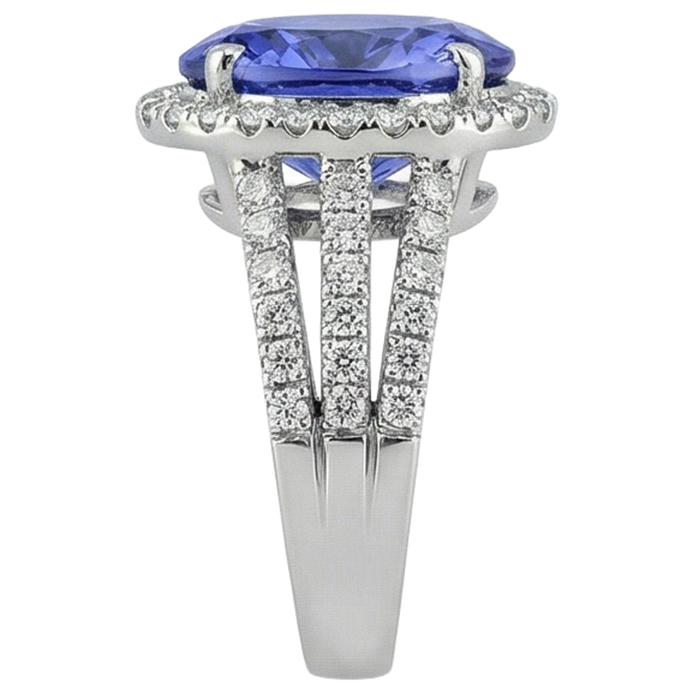 Big Oval Tanzanite With Small Round Natural Earth Mined Diamonds 6.70 Ct Ring Gold 14K