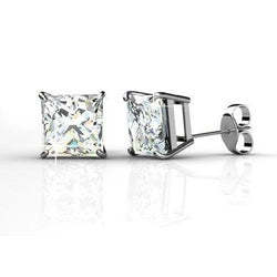 Big Princess Cut 5 Carats Real Diamonds Studs Earrings Gold White 14K