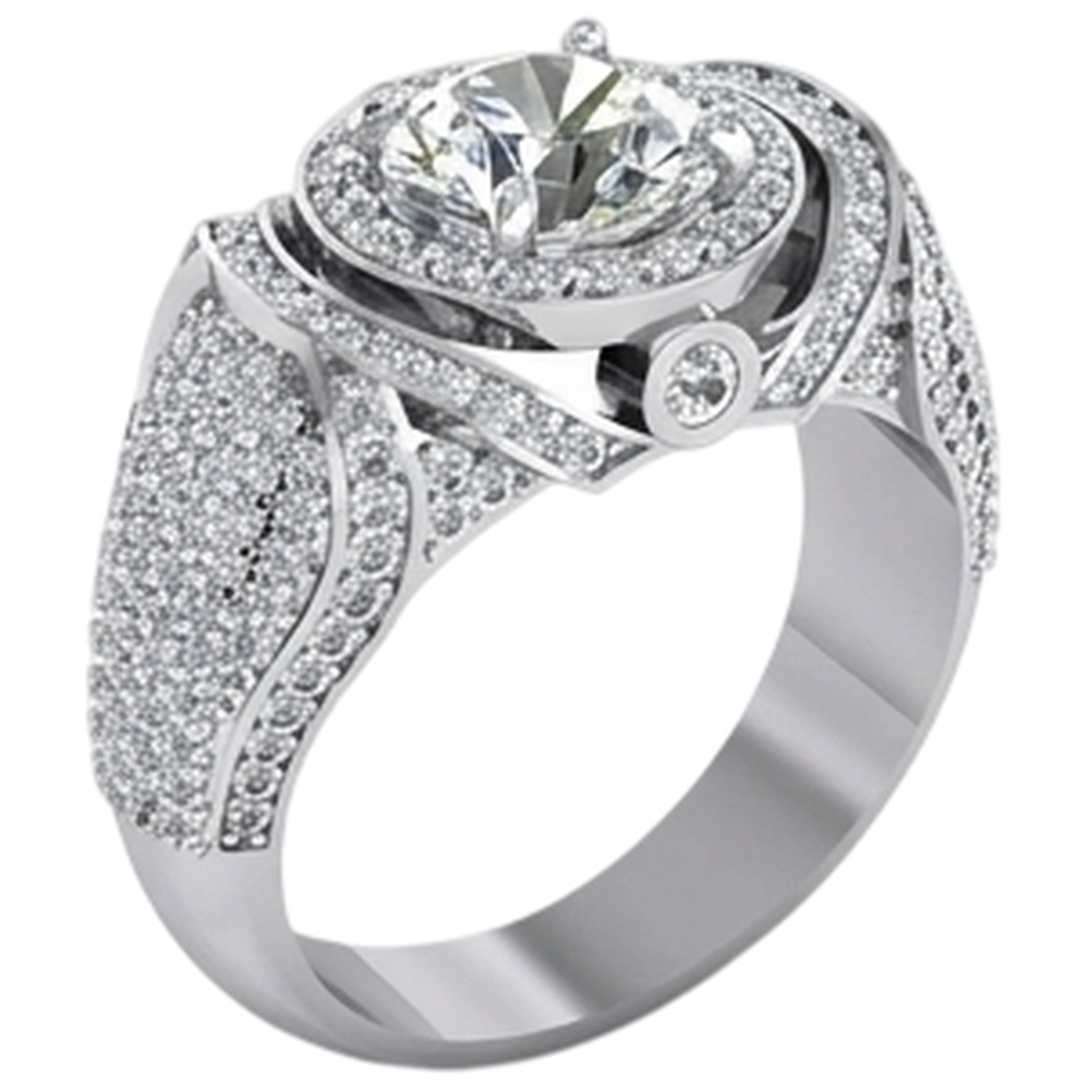 Big Round Natural Earth Mined Diamond Men's Ring With Accents 5.50 Carats White Gold 14K