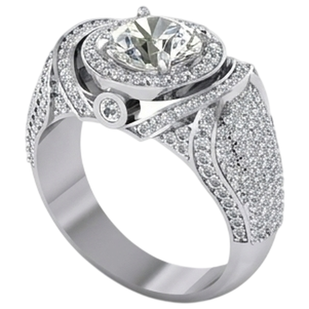 Big Round Natural Earth Mined Diamond Men's Ring With Accents 5.50 Carats White Gold 14K