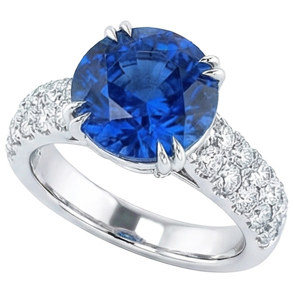 Big Round Natural Earth Mined Diamond Ring Genuine Blue Sapphire 6 Carats Prong Set Gold