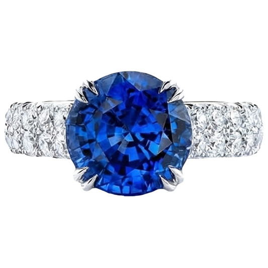 Big Round Natural Earth Mined Diamond Ring Genuine Blue Sapphire 6 Carats Prong Set Gold