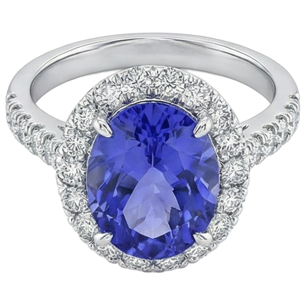Big Tanzanite And Natural Earth Mined Diamonds 18 Carats Wedding Ring White Gold 14K