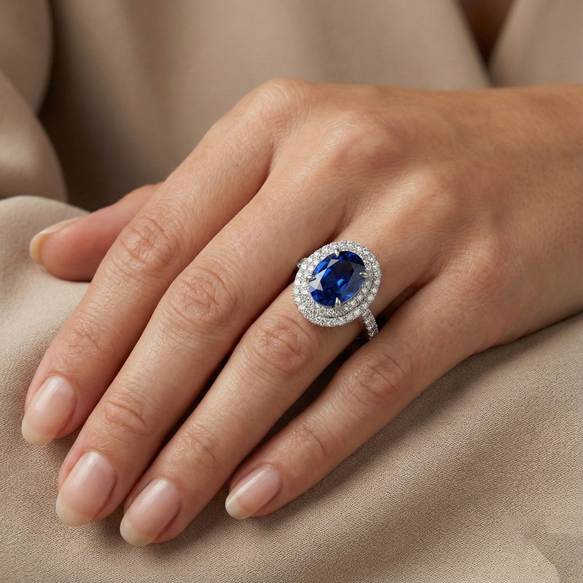 Big Oval Sri Lanka Blue Sapphire Natural Earth Mined Diamond Ring 4.55 Ct White Gold 14K