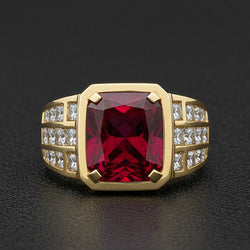 Pigeon Blood Ruby Radiant Cut Mens Ring 11.00 ct – 10K Yellow