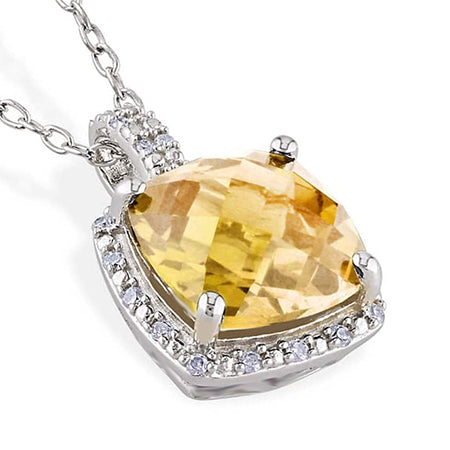 Big Cushion Citrine With Natural Earth Mined Diamonds 26.75 Ct Pendant White Gold 14K