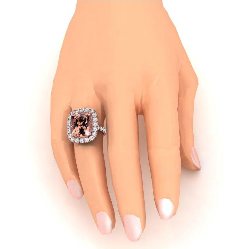 Big Cushion Morganite 12.50 Cts With Diamonds Ring Rose Gold 14K