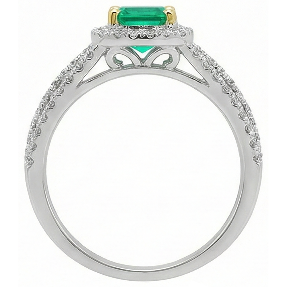 Cushion Cut Colombian Emerald ring in Two-Tone 14K Gold – angle view
