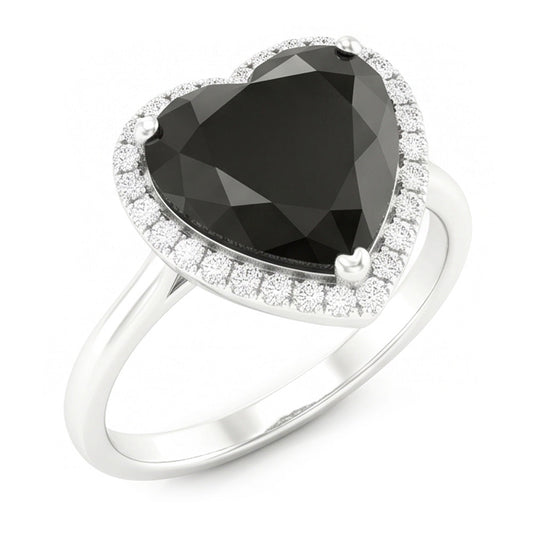 Black Diamond Engagement Ring 3 Carat Real Heart Halo Plain 14K White Gold