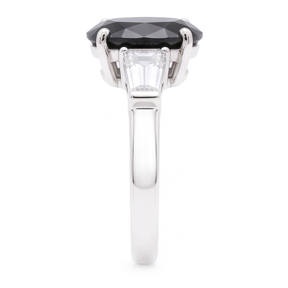 Black Diamond Gold Ring 3.6 Carat Natural Oval Baguette Three Stone 14K White