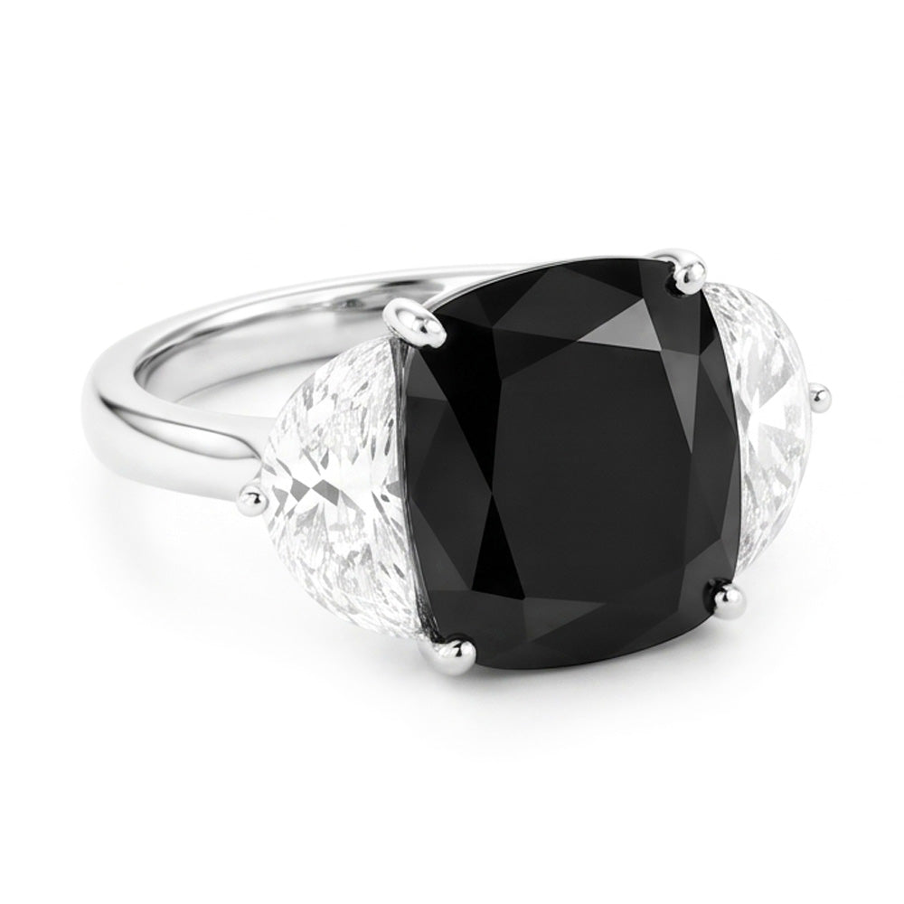Black Diamond Proposal Ring 4.6 Carat Natural Cushion Half Moon Three Stone 14K White Gold