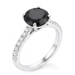 Black Diamond Proposal Ring 5 Carat Natural Round Pave Solitaire 14K White Gold