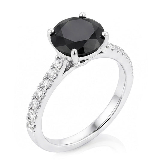 Black Diamond Proposal Ring 5 Carat Natural Round Pave Solitaire 14K White Gold