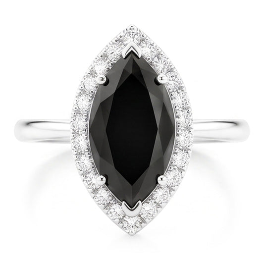Black Diamond Ring 11 Carat Genuine Marquise Halo 14K White Gold